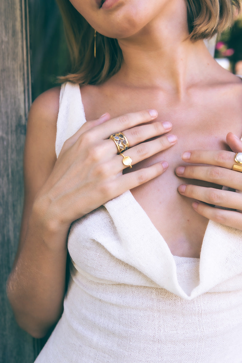 Imonas 18K Recycled Fine Gold Plated Grey Moonstone, Peach Moonstone Ring