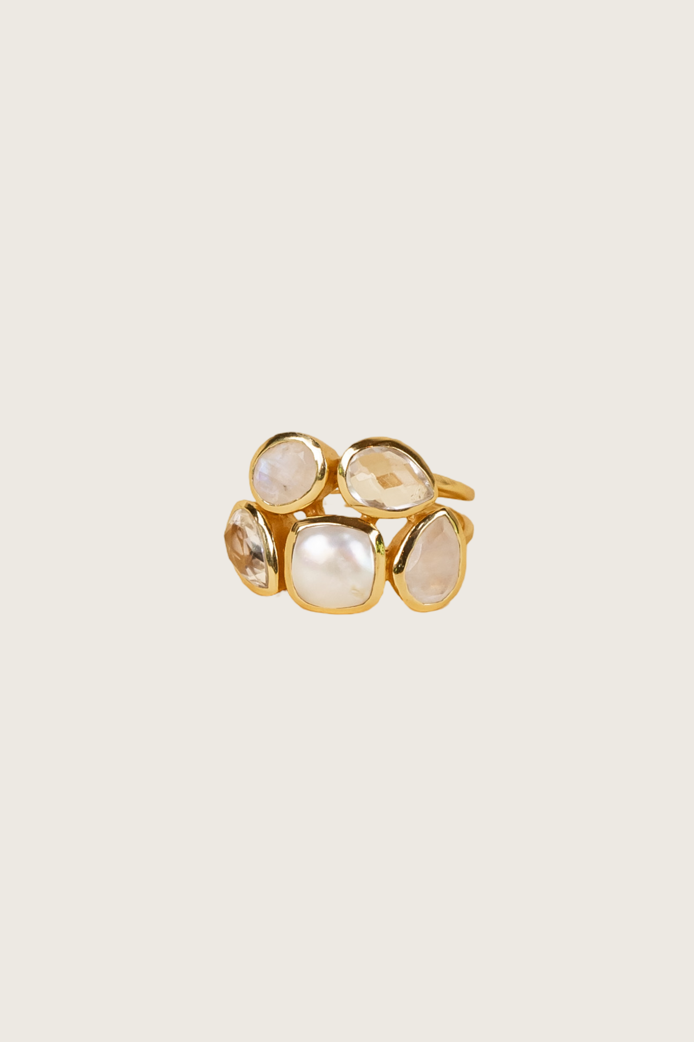 Fia 18K Recycled Fine Gold Plated Pearl / Rainbow Moonstone / Clear Quartz Ring