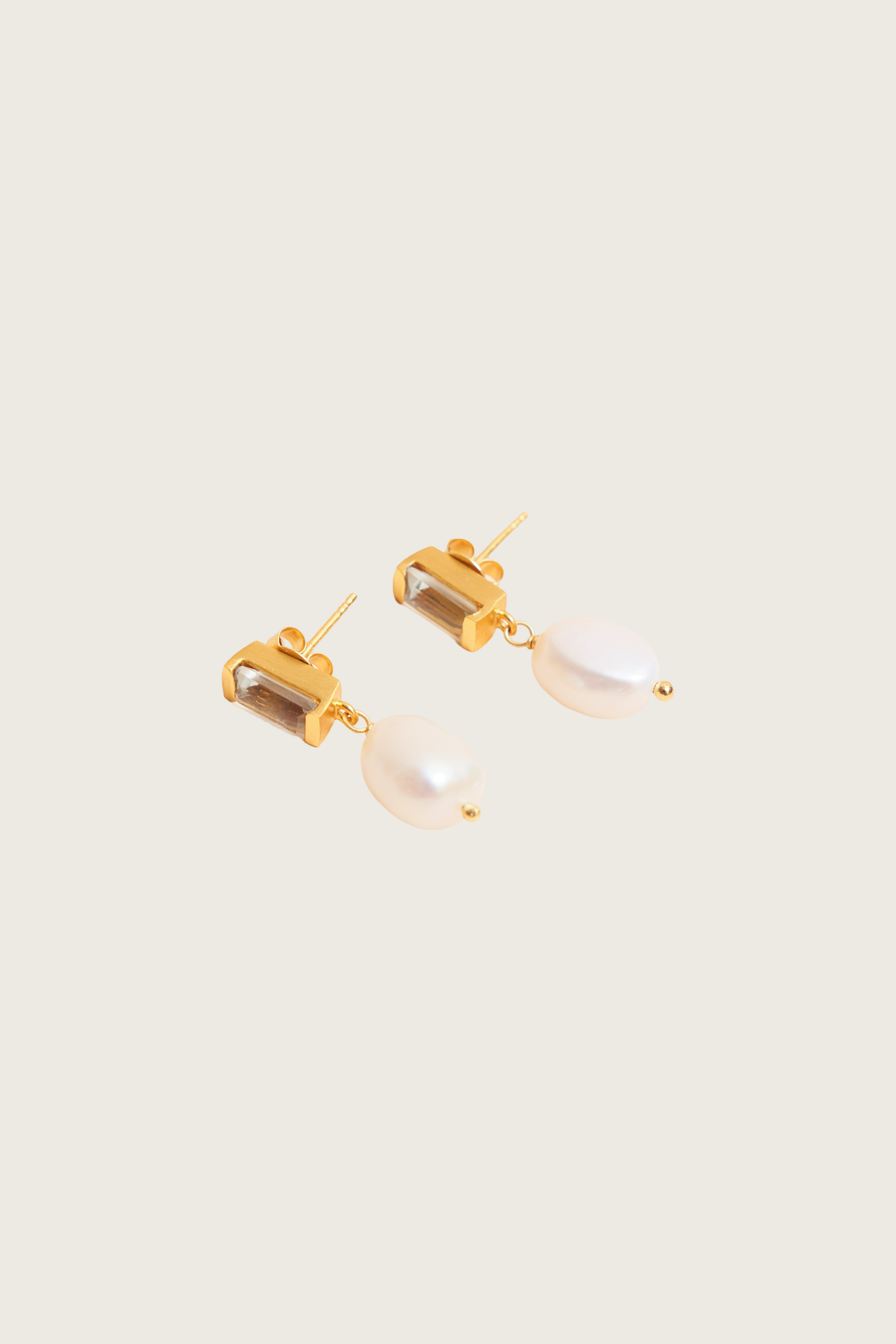 Madrih 18K Recycled Fine Gold Plated White Pearl / Green Amethyst Earrings - 925 Silver Posts