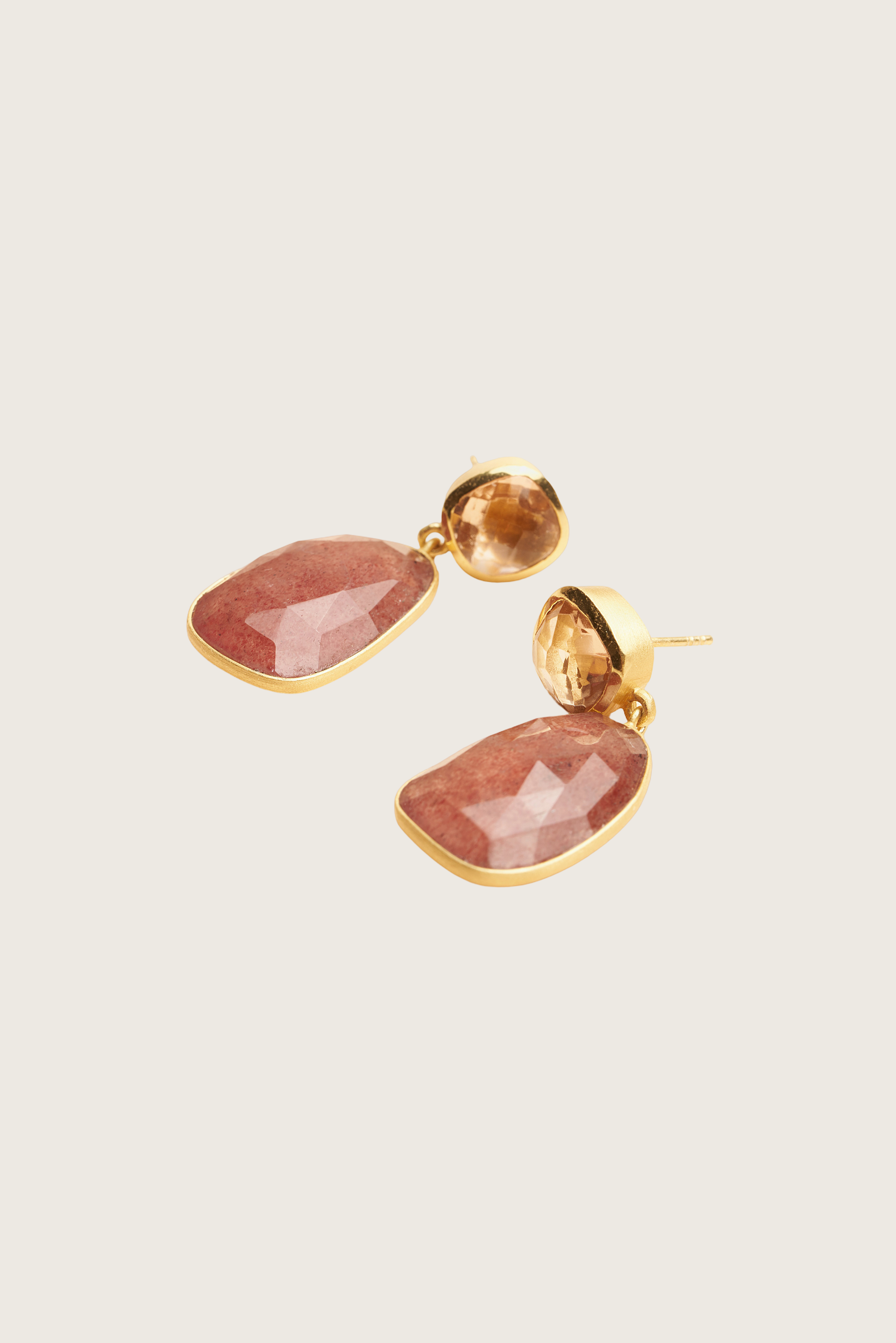 Wasa 18K Recycled Fine Gold Plated Morganite / Strawberry Quartz Earrings - 925 Silver Posts
